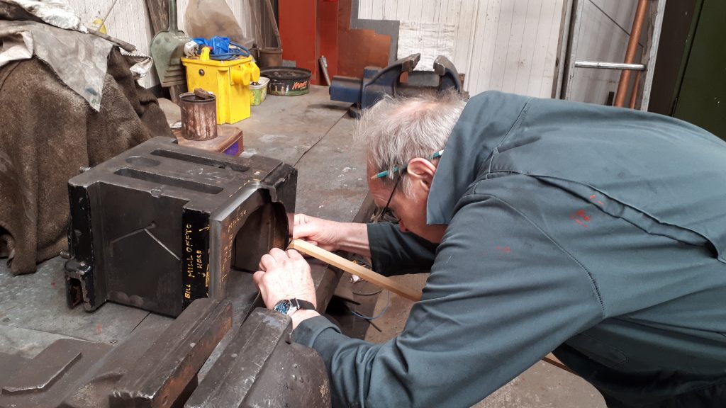 John Dixon measuring one of Wottoon Hall's axleboxes in order to make a pattern for a missing piece.