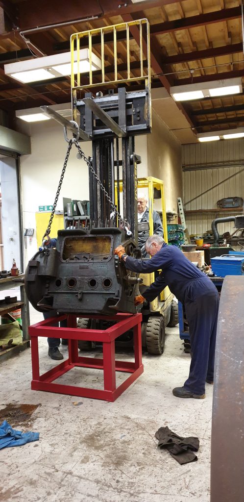 Fluff's engine being lowered on to it's plinthh