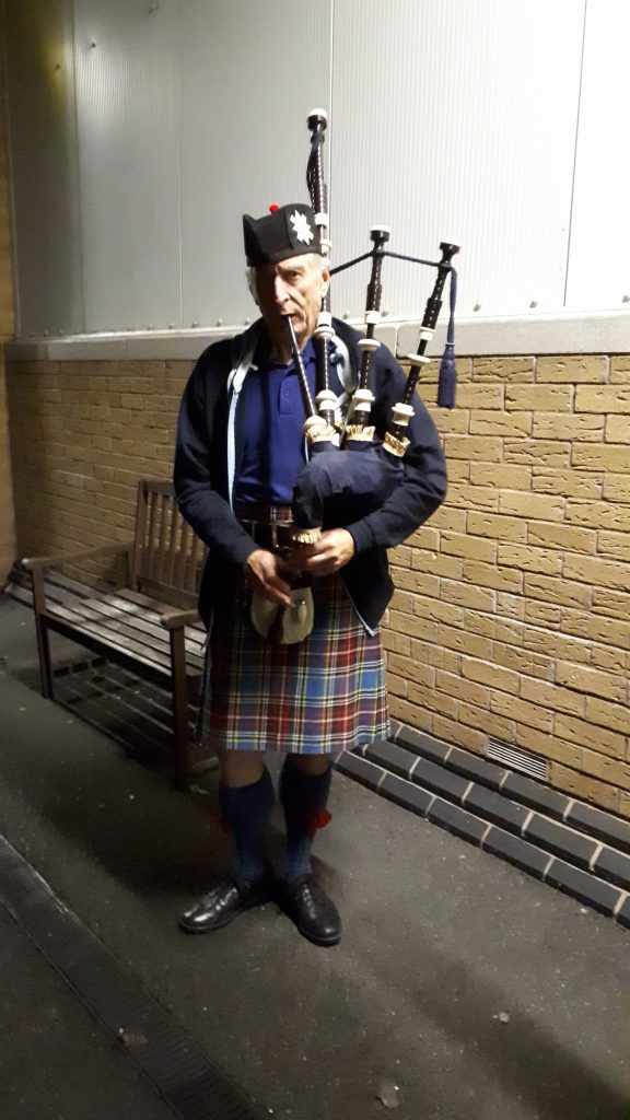 Geoff Middleton ready to pipe in the last Folk Train