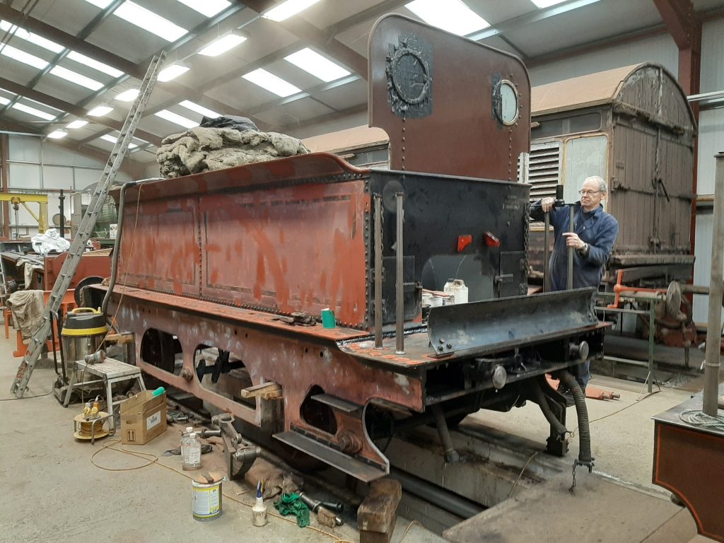 The tender upper almost complete with John Dixon attaching one of the top footplate hand rails