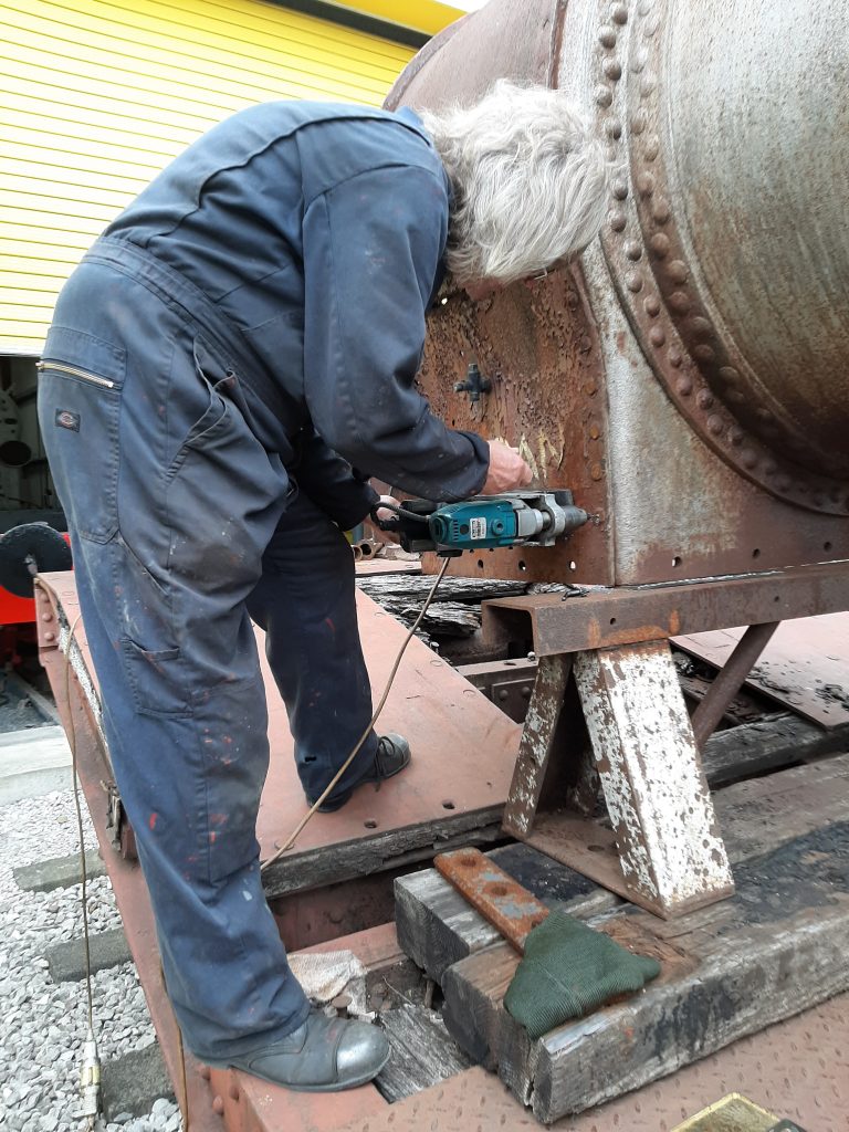 Ade drilling out one of Caliban's smokebox rivets