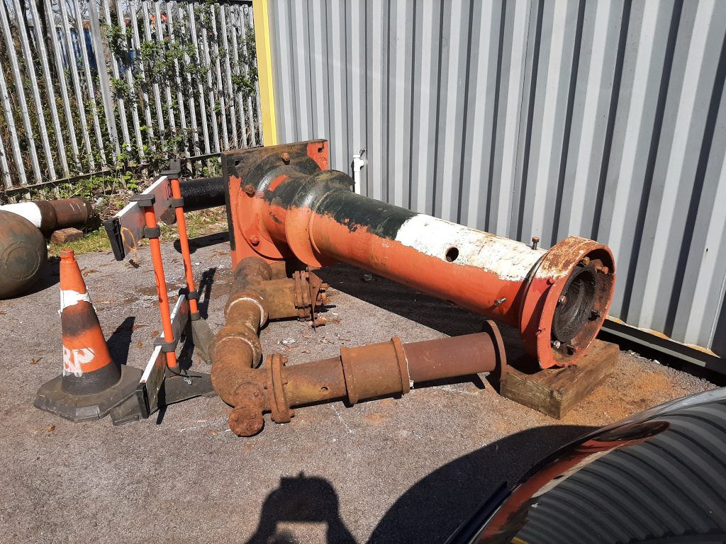 Water crane components being restored outside the mess room