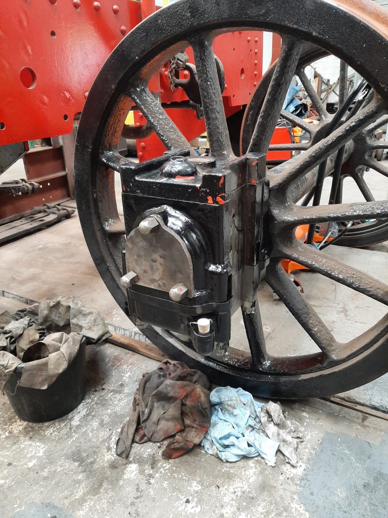 Newly assembled axlebox on one of Wootton Hall's tender wheelsets