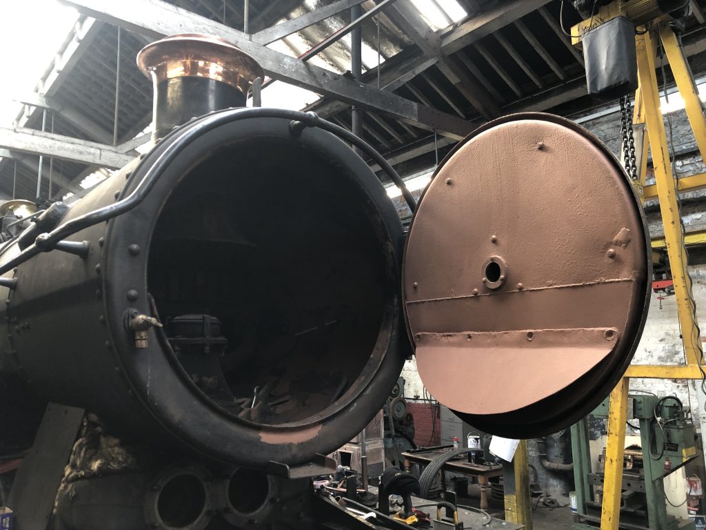 The newly welded smokebox door refitted to 5643