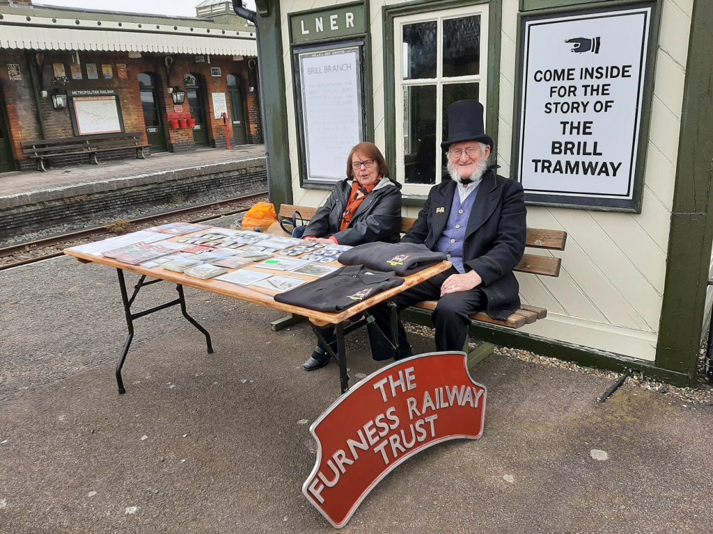 Alison and Alan outside with the FRT sales stand on Monday at Quainton
