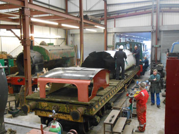 The refurbished cab roof and new tank arrive for fitting on the FR Bogie Bolster