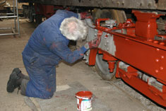 Fred Jones priming the newly shotblasted bogies of GER 5